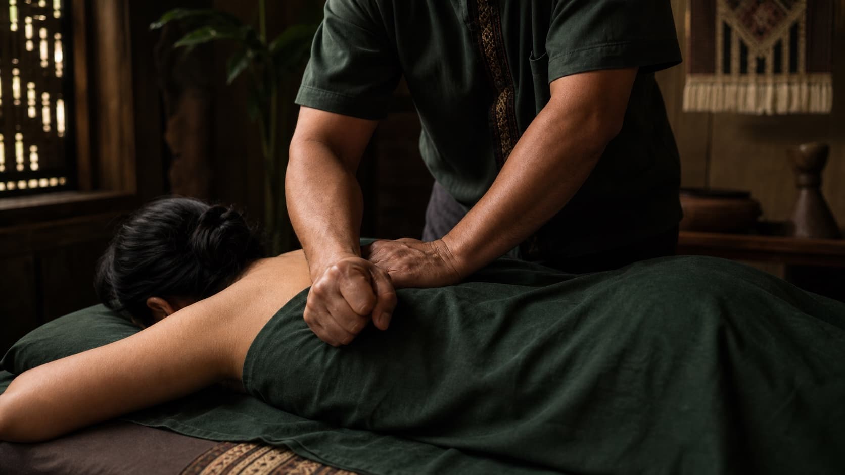 A practitioner applying firm pressure during a full-body hilot treatment