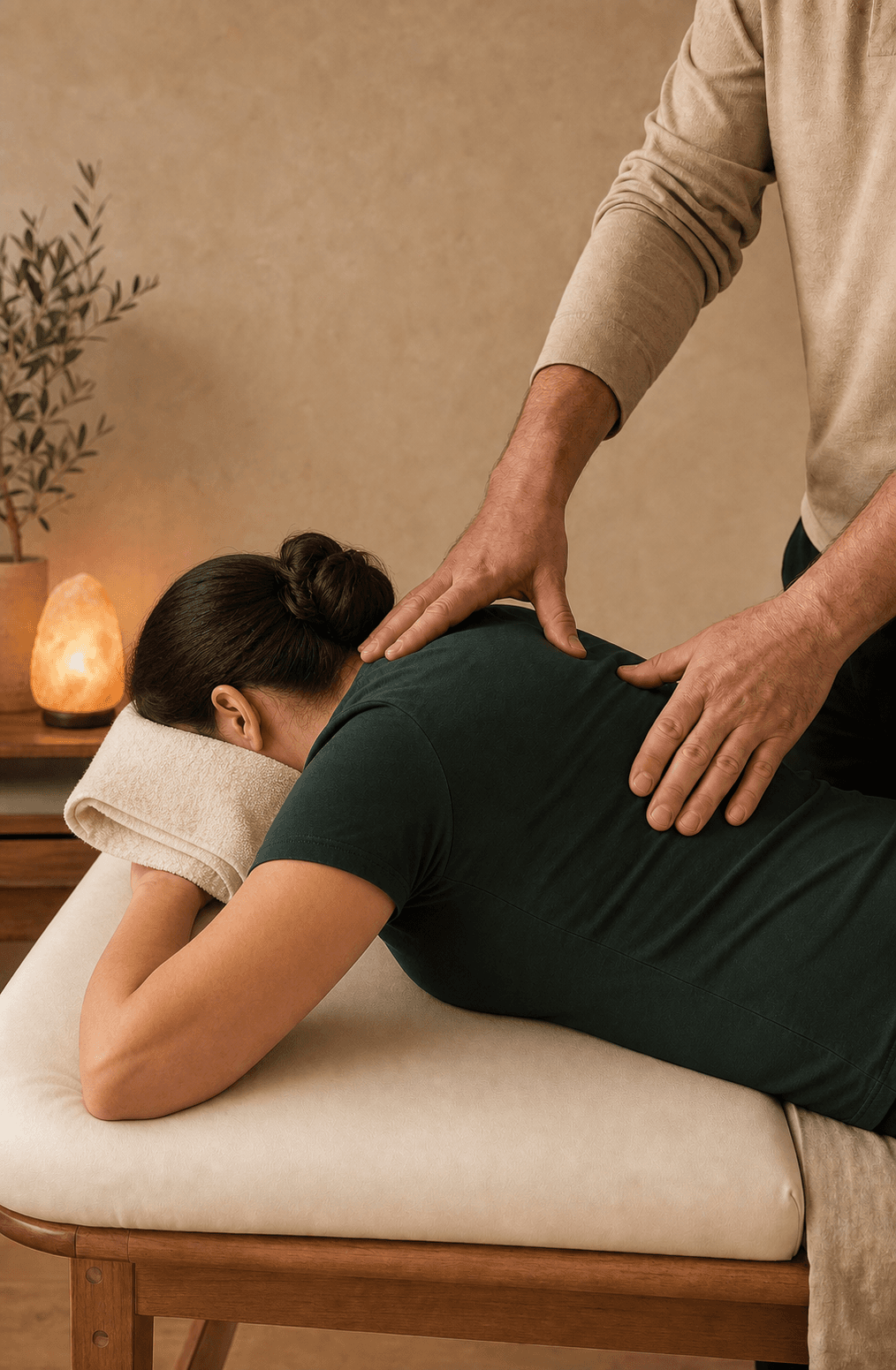 A practitioner applying firm pressure to a woman's back beside a glowing salt lamp