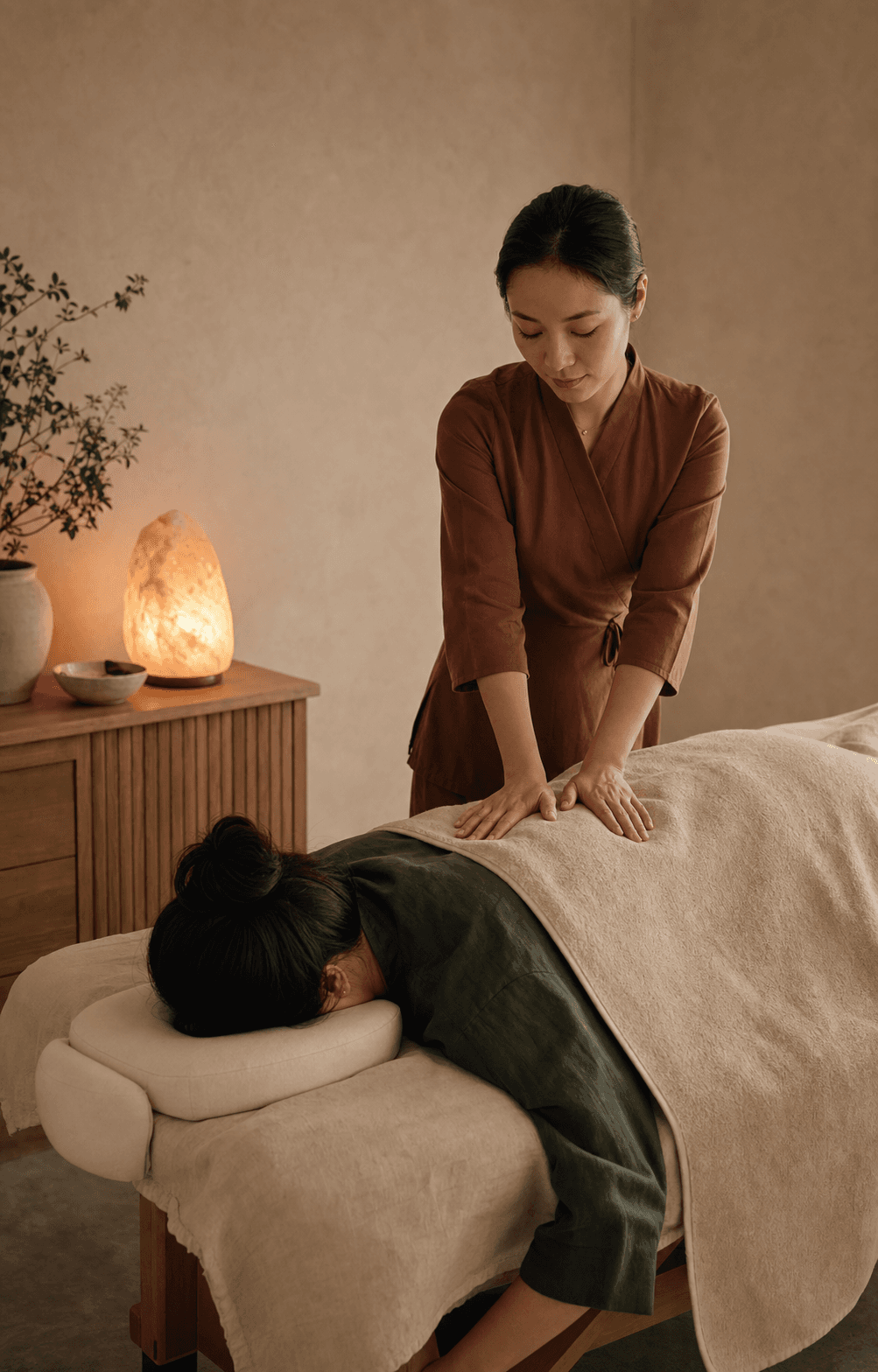 A practitioner providing professional acupressure through a blanket beside a softly glowing salt lamp