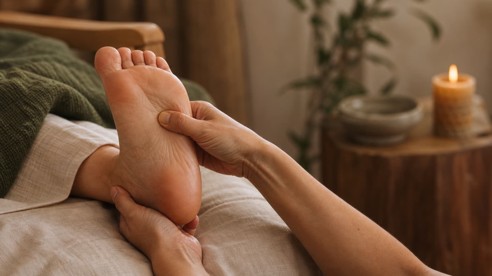 Hands applying focused reflexology pressure to the sole of a foot