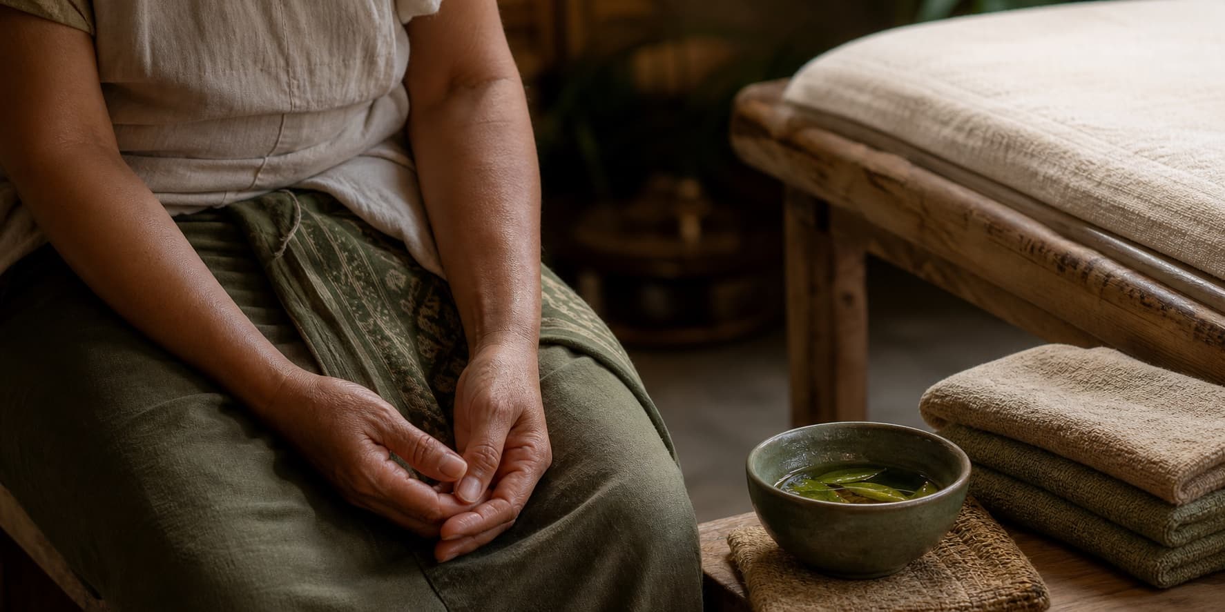 A woman resting her hands quietly before a bodywork session