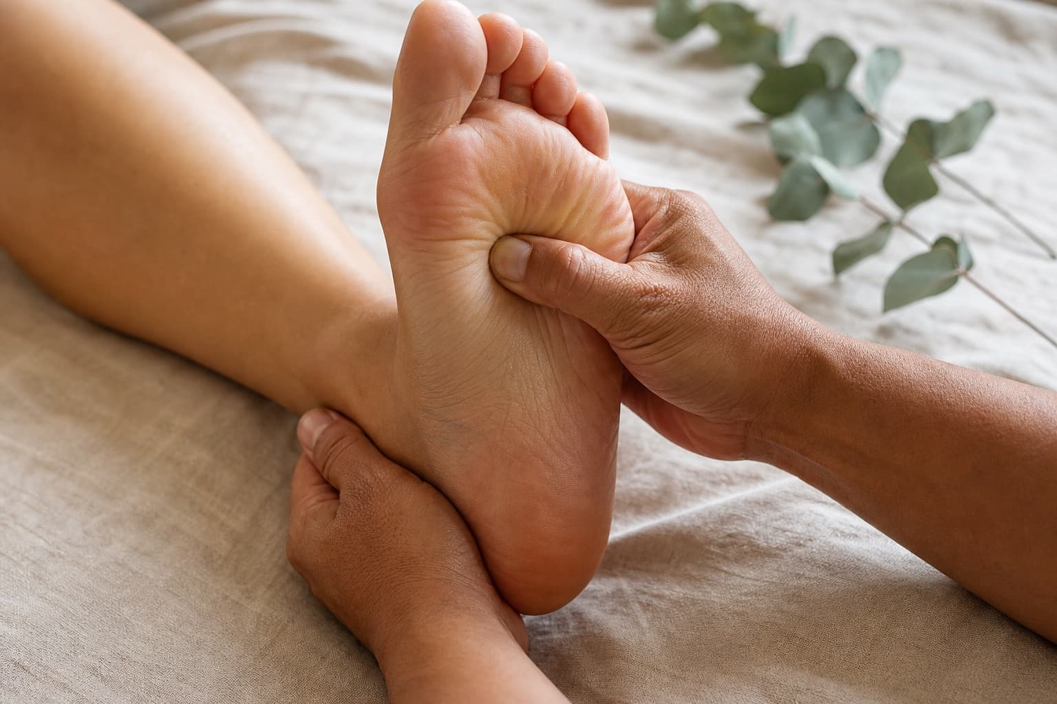 A practitioner applying focused thumb pressure to a guest's foot